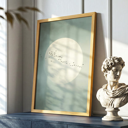 A framed minimalist art print leaning against a wall on a dark blue console table, next to a classical-style bust sculpture. The print features a large white circle on a muted sage green background with a small flock of birds in flight.