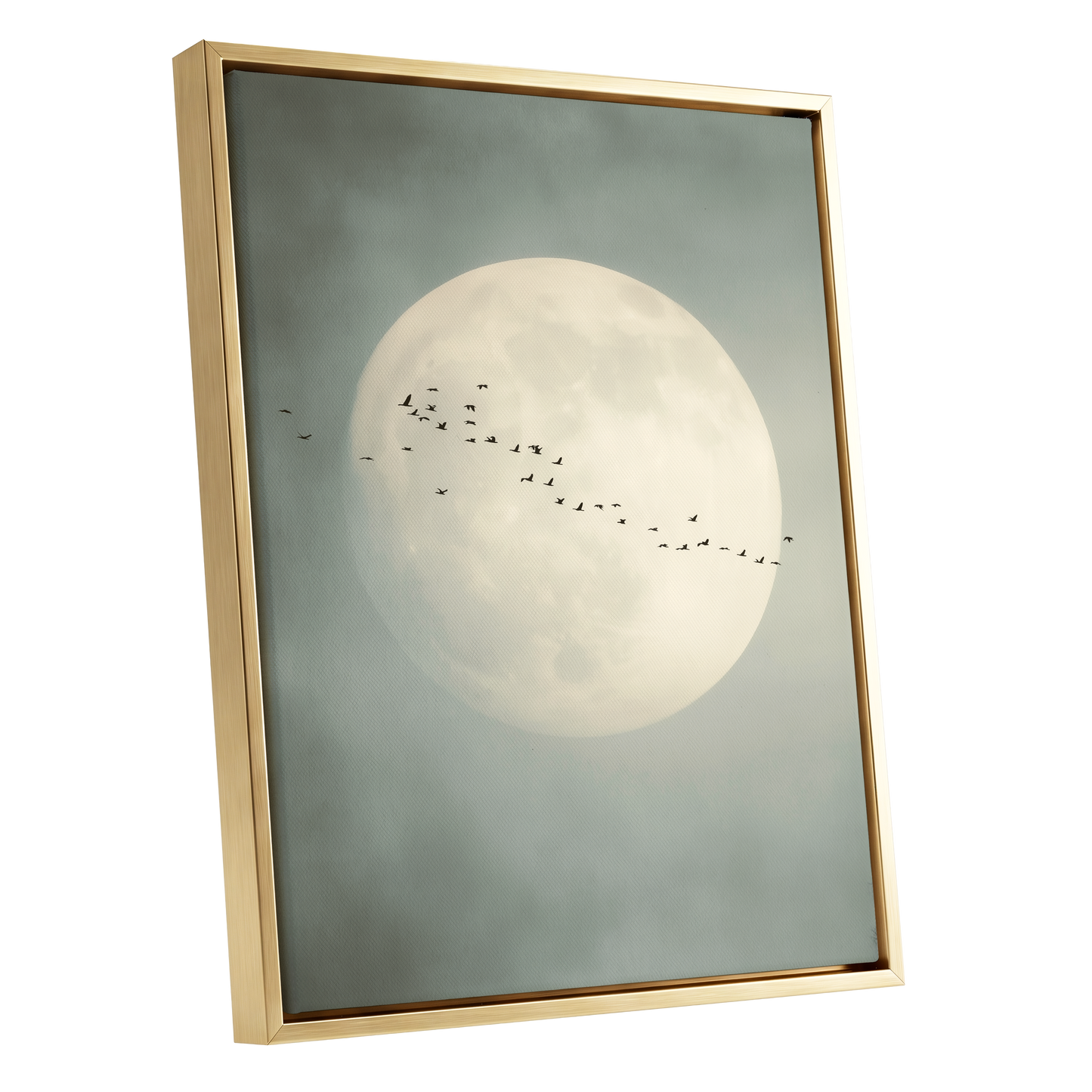 Framed wall art featuring a large pale moon in a misty gray-blue sky with a small flock of birds flying across it, shown in a gold frame on a white background.