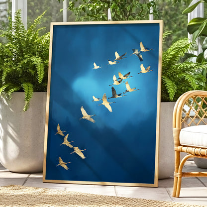 A framed vertical art print featuring a flock of golden cranes flying against a deep blue sky, styled in a bright, modern indoor setting with potted green plants and a rattan chair.