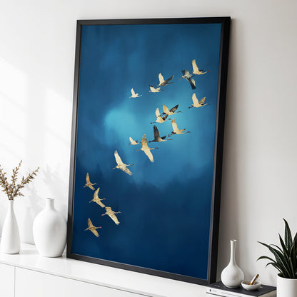 A large framed wall art print depicting a flock of cranes flying across a deep blue sky, styled in a modern home interior setting on a white console table.