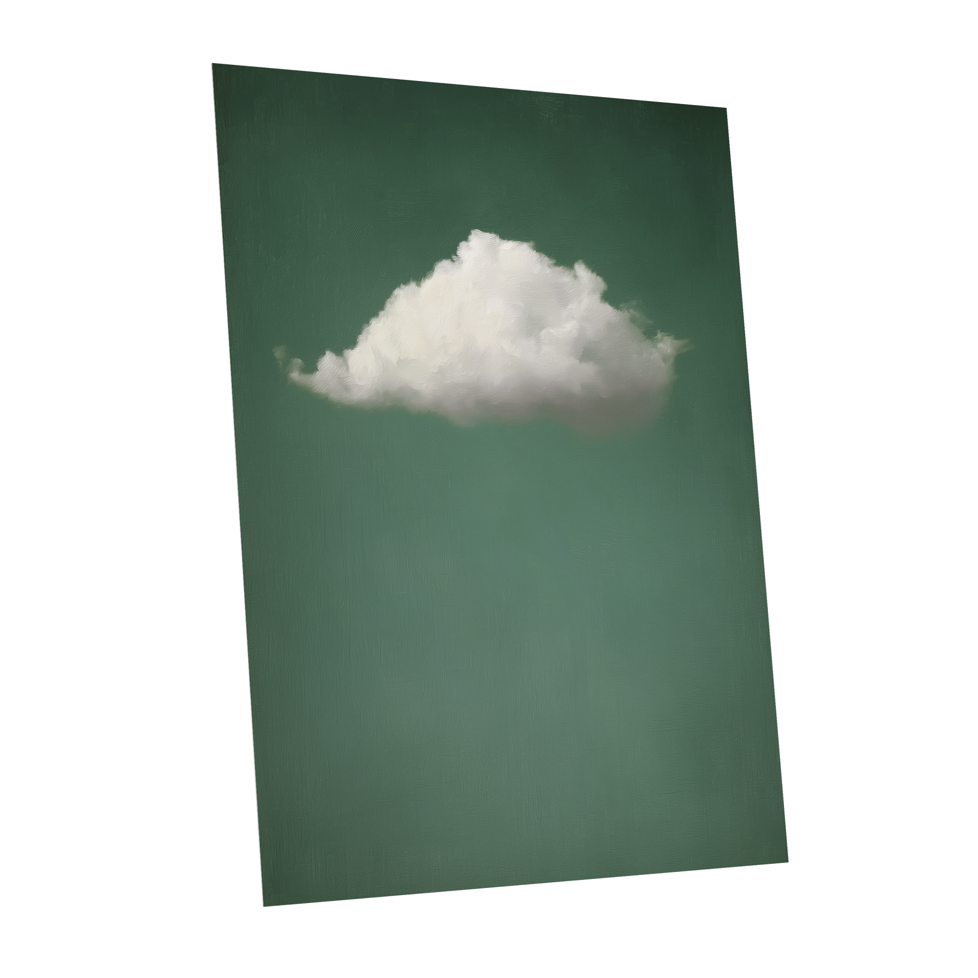 A vertical art print or poster featuring a single fluffy white cloud against a muted dark green background, shown at a slight angle on a plain white backdrop.