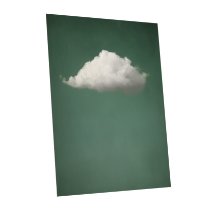 A vertical art print or poster featuring a single fluffy white cloud against a muted dark green background, shown at a slight angle on a plain white backdrop.