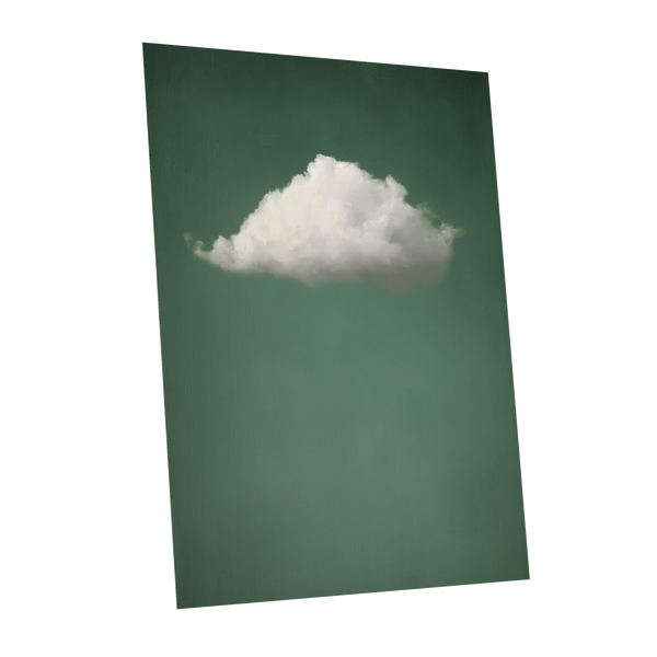 A vertical art print or poster featuring a single fluffy white cloud against a muted dark green background, shown at a slight angle on a plain white backdrop.