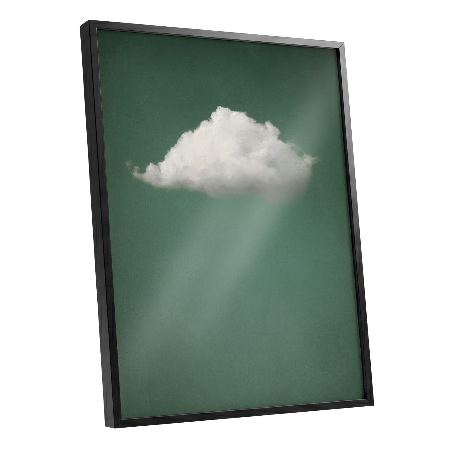 Framed wall art featuring a white cloud against a muted green background with soft light rays, shown in a black frame on a white background.
