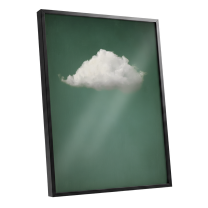 Framed wall art featuring a white cloud against a muted green background with soft light rays, shown in a black frame on a white background.