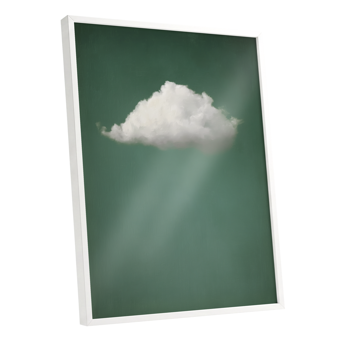 A framed wall art print featuring a white cloud against a dark green background with soft light rays, shown at an angle with a white frame on a light gray background.