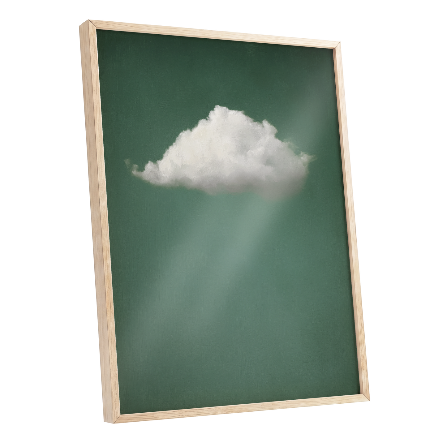 Framed wall art featuring a white cloud over a dark green background with soft light rays, shown in a light natural wood frame against a plain white backdrop.