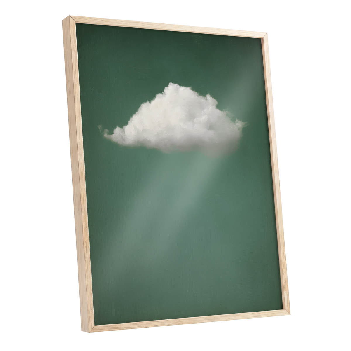 Framed wall art featuring a white cloud over a dark green background with soft light rays, shown in a light natural wood frame against a plain white backdrop.