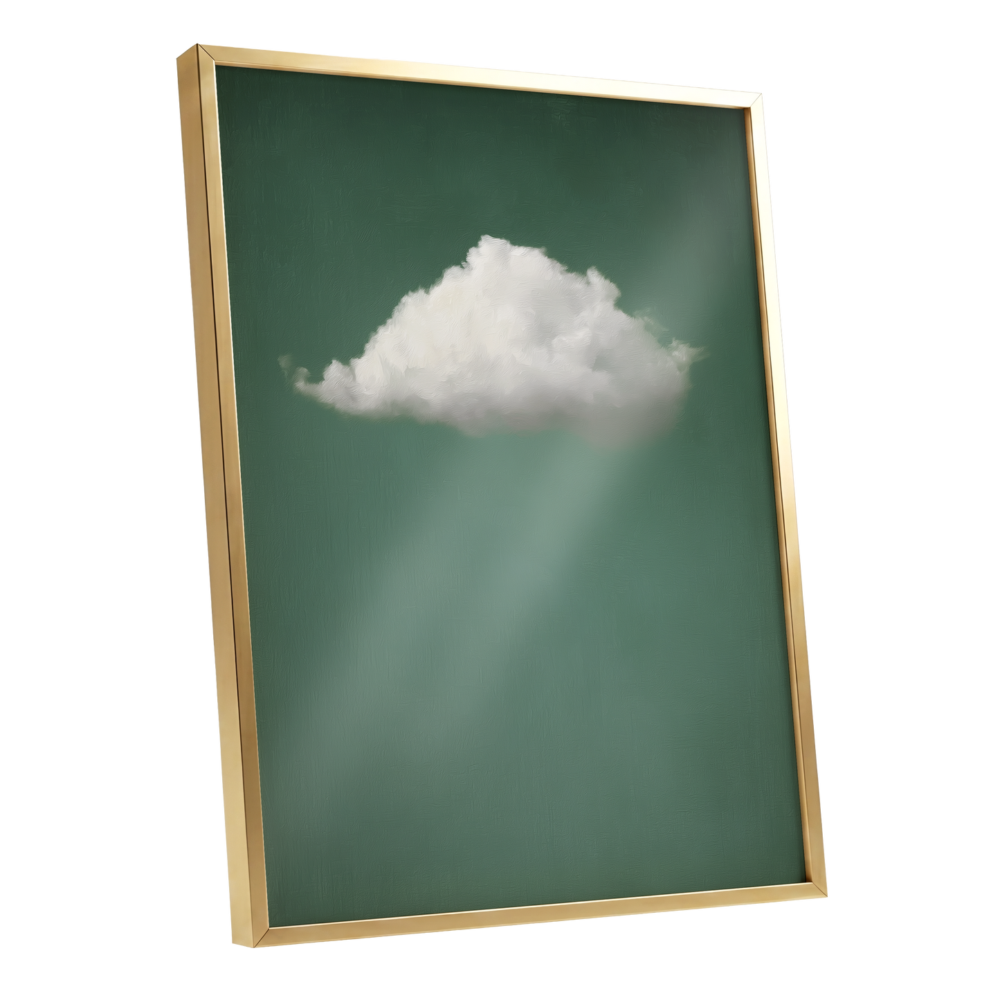 Framed wall art featuring a white cloud against a dark green background with soft light rays, shown in a gold frame on a white background.