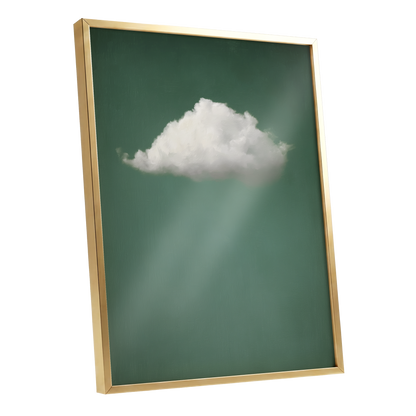 Framed wall art featuring a white cloud against a dark green background with soft light rays, shown in a gold frame on a white background.