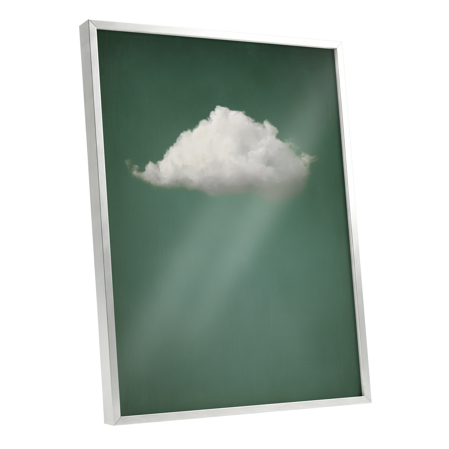 A framed wall art print featuring a white cloud against a muted green background with soft light rays, shown in a silver frame on a white background.