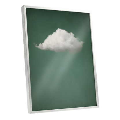 A framed wall art print featuring a white cloud against a muted green background with soft light rays, shown in a silver frame on a white background.
