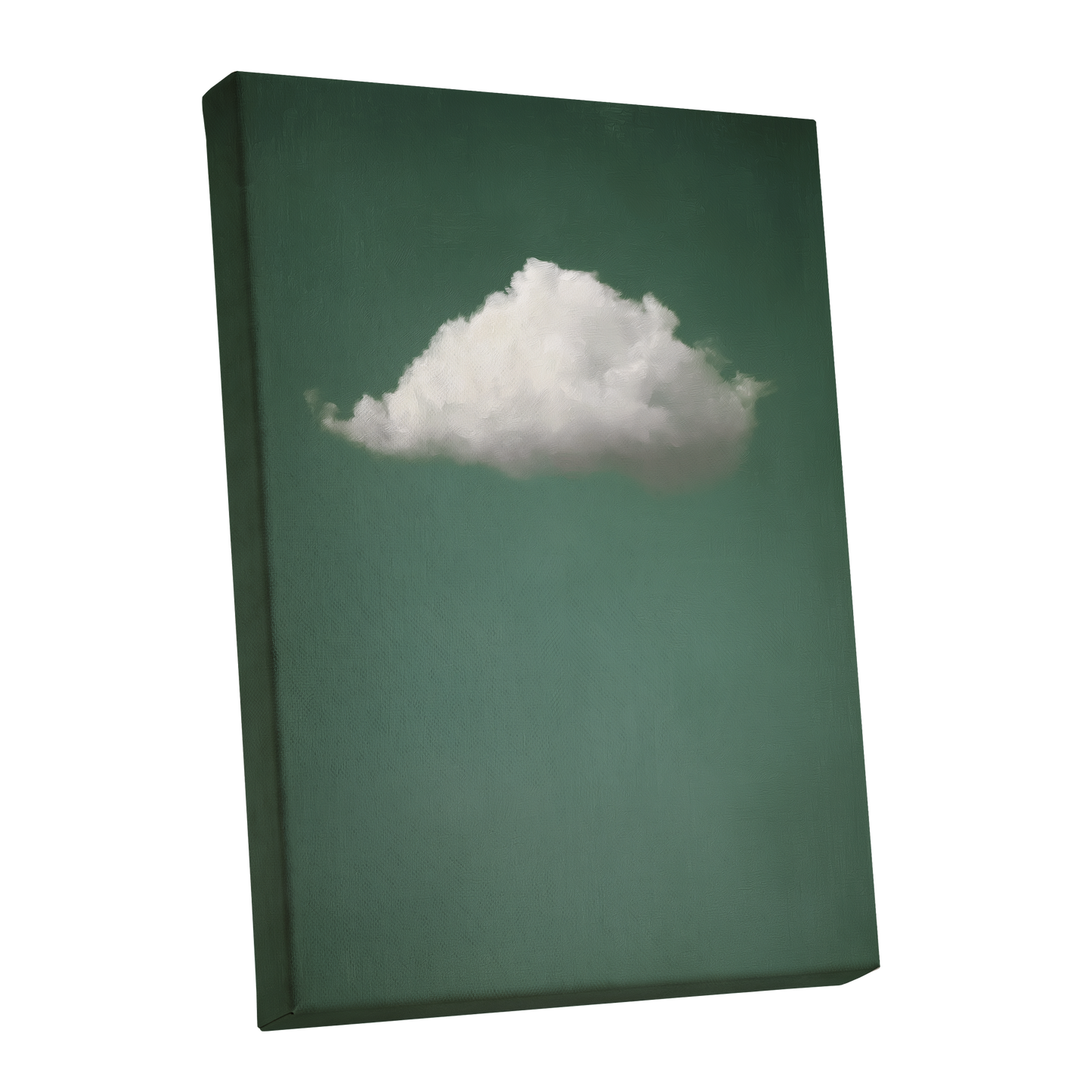 A vertical canvas wall art print featuring a single fluffy white cloud against a muted dark green background, shown at a slight angle to display its wrapped canvas edges.