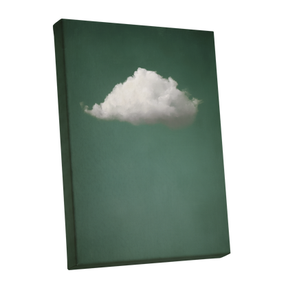 A vertical canvas wall art print featuring a single fluffy white cloud against a muted dark green background, shown at a slight angle to display its wrapped canvas edges.