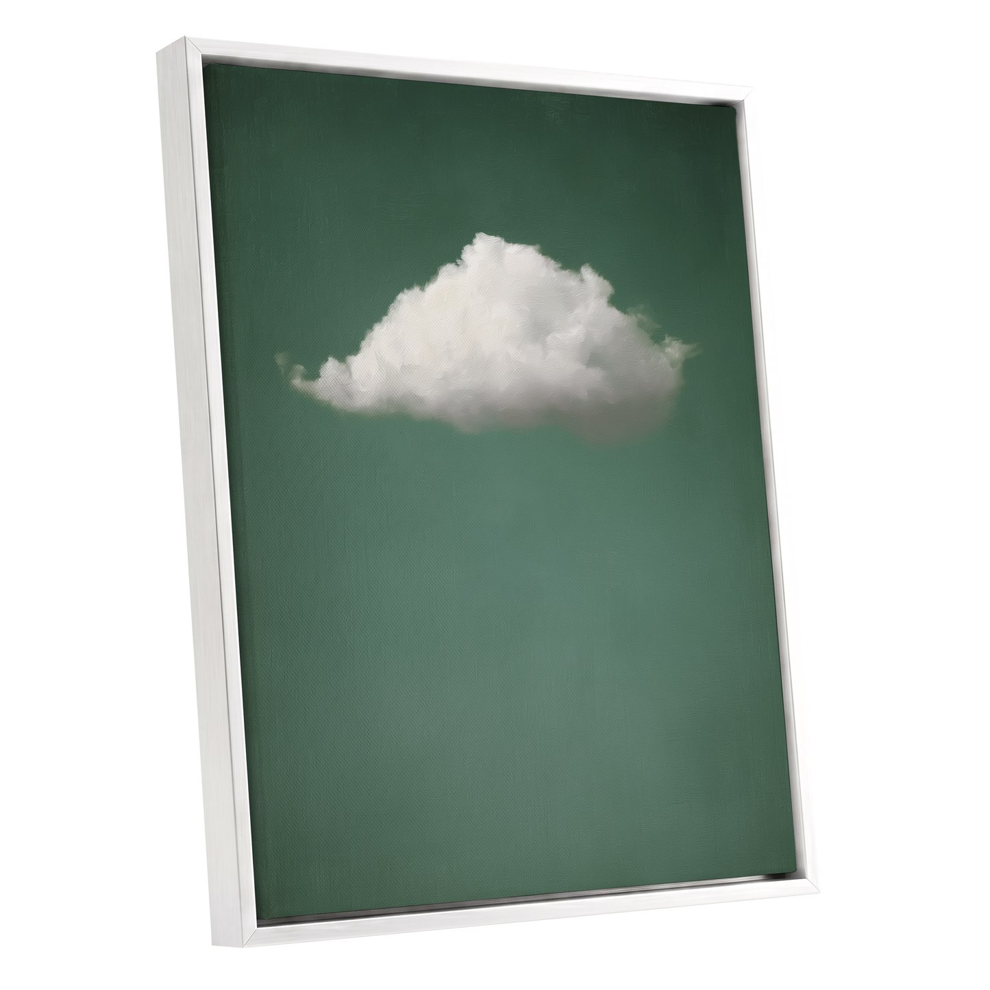 A framed wall art print featuring a white cloud against a muted green background, shown at an angle with a white floating frame on a white studio background.