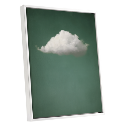 A framed wall art print featuring a white cloud against a muted green background, shown at an angle with a white floating frame on a white studio background.