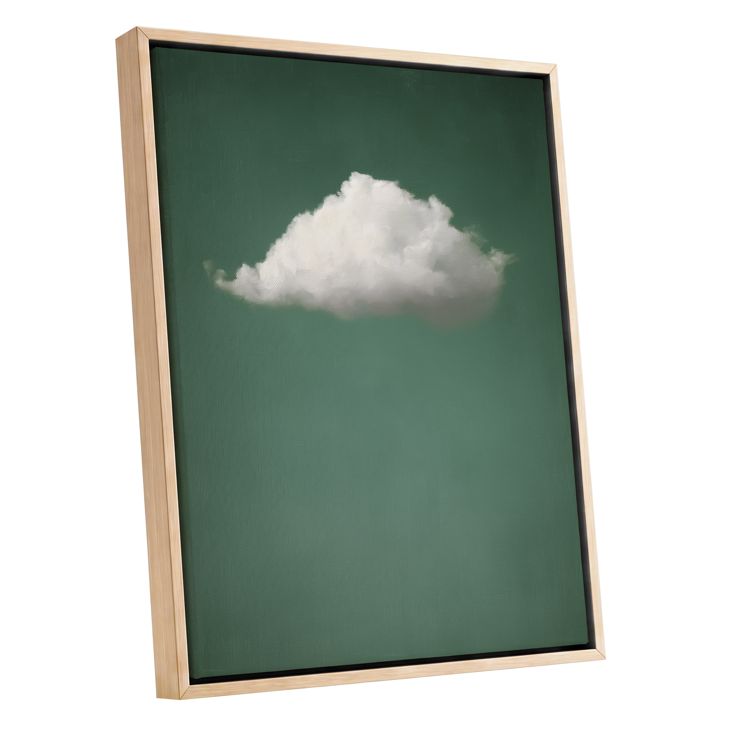 Framed wall art featuring a single white cloud centered on a muted green background, shown in a light wood frame against a plain white backdrop.