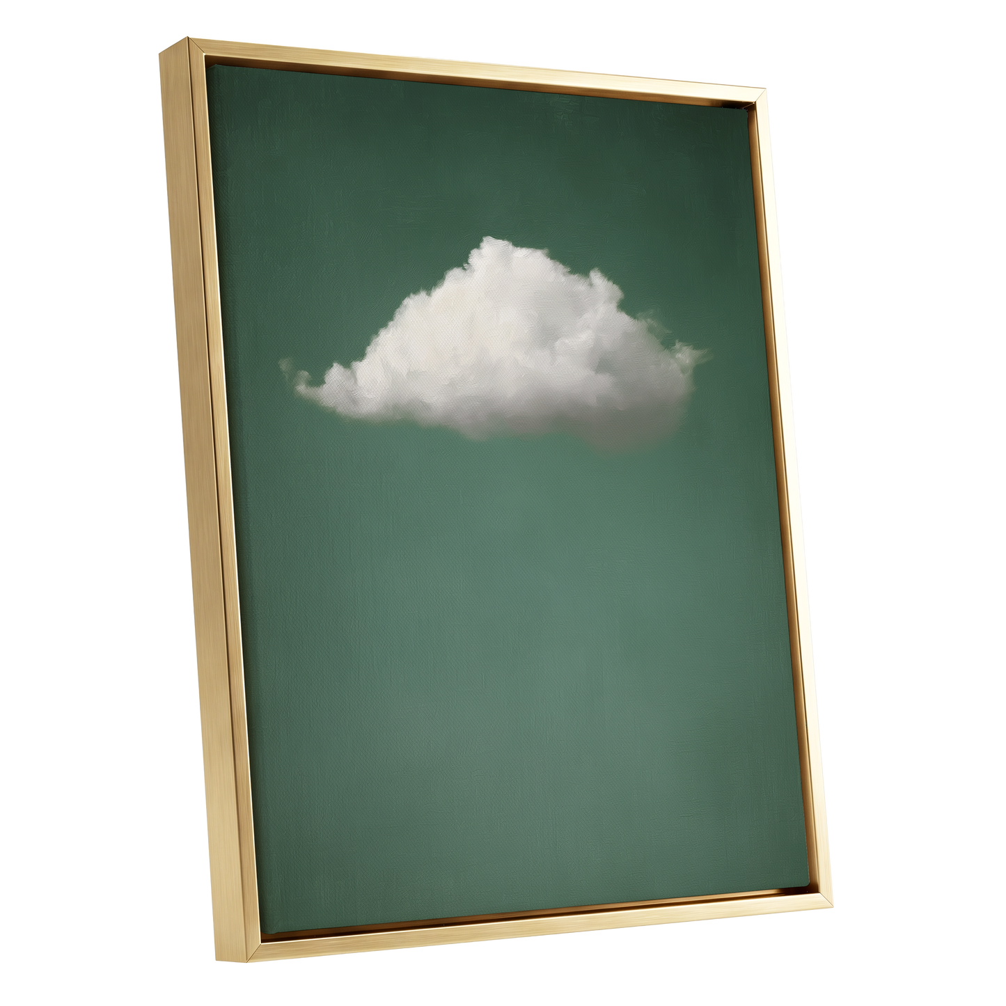A framed wall art print featuring a single white cloud against a muted green background, shown at a slight angle with a gold frame on a white background.