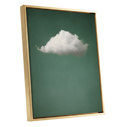 A framed wall art print featuring a single white cloud against a muted green background, shown at a slight angle with a gold frame on a white background.