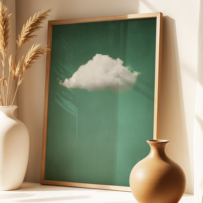 A framed art print featuring a single white cloud against a deep green background, styled in a warm interior setting with a wooden frame, flanked by two ceramic vases.