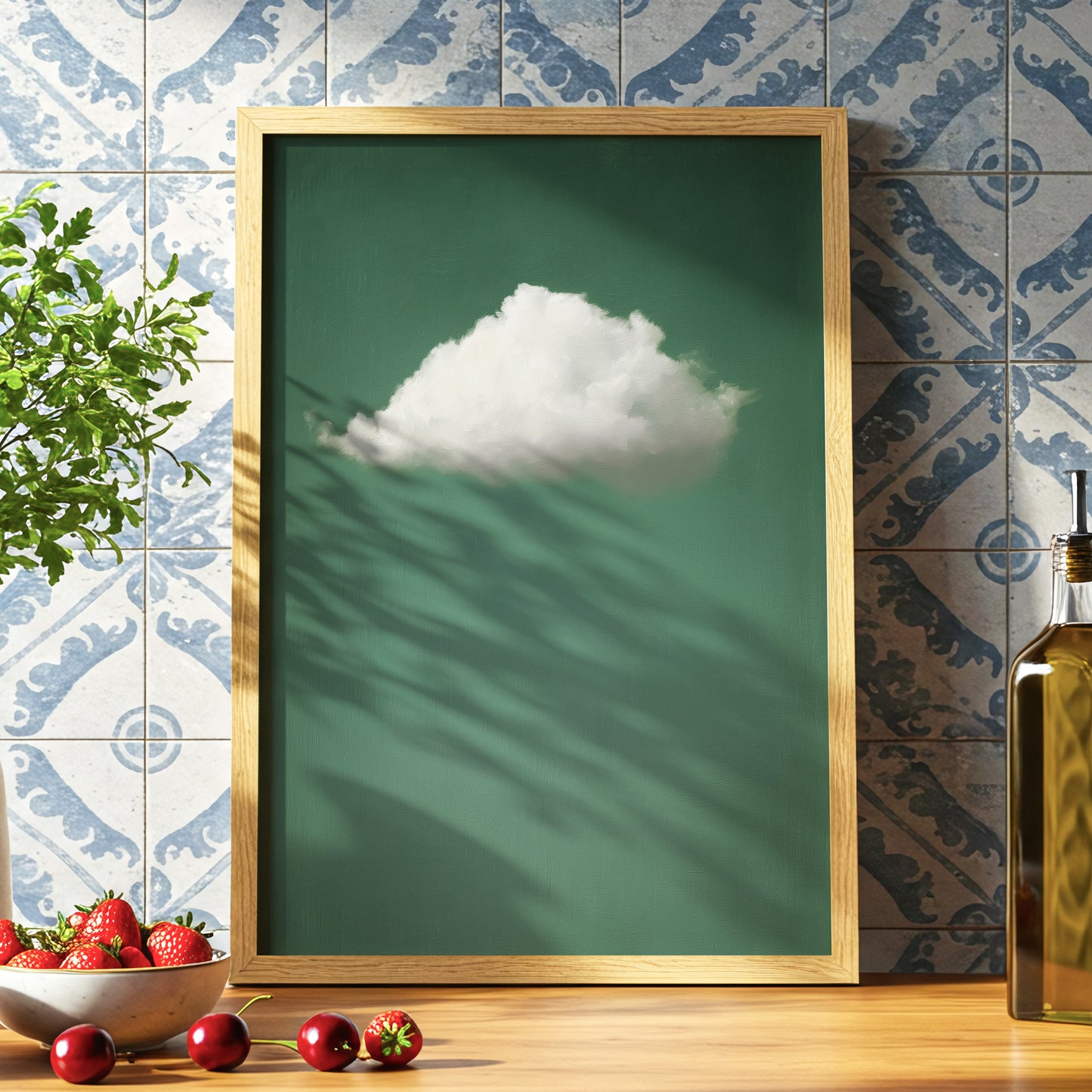 A framed art print featuring a white cloud against a green background with leaf shadows, leaning against a blue patterned tile wall on a wooden table with strawberries and a bottle nearby.
