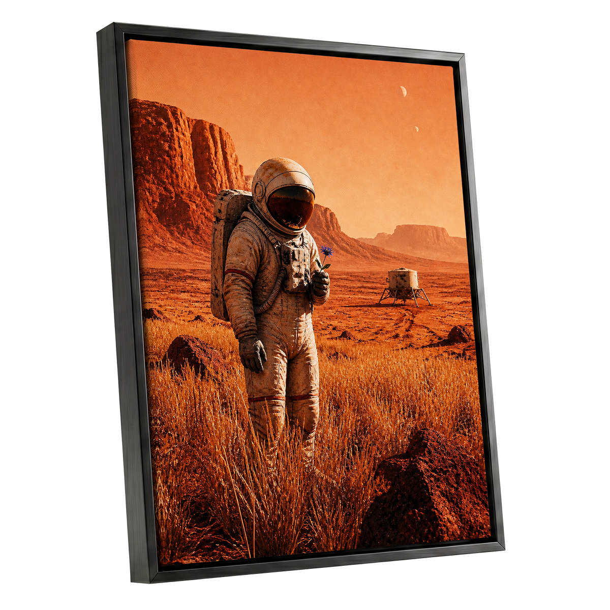 A Bloom Beyond Earth, orange, brown, beige abstract wall art shown as a black framed canvas wall art