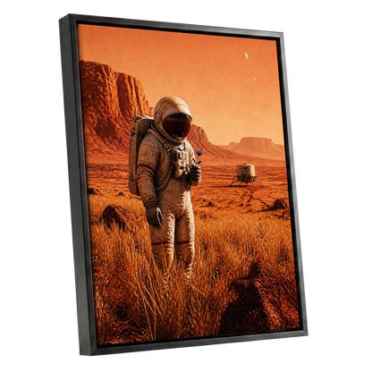A Bloom Beyond Earth, orange, brown, beige abstract wall art shown as a black framed canvas wall art