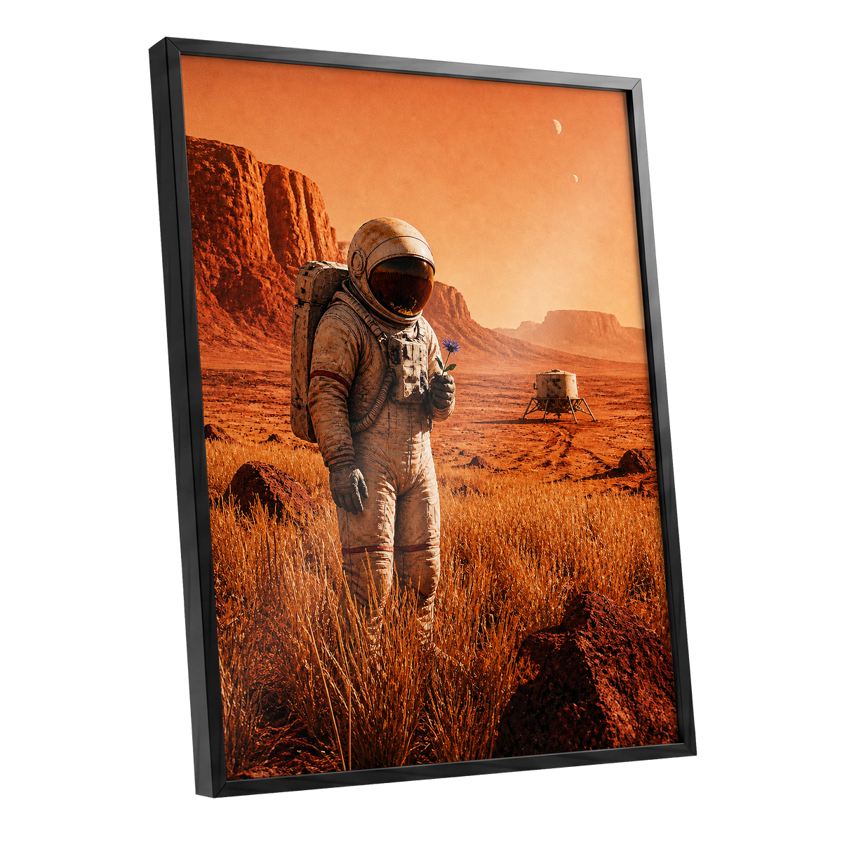 A Bloom Beyond Earth, orange, brown, beige abstract wall art shown as a black framed poster wall art print