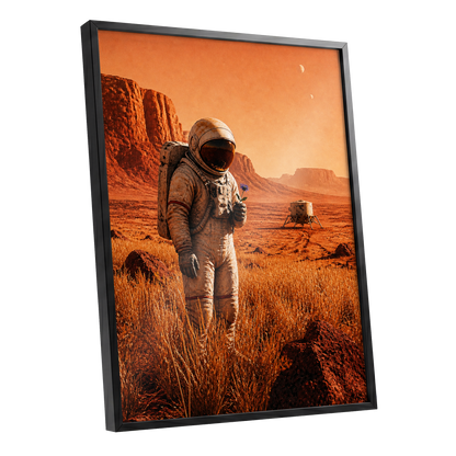 A Bloom Beyond Earth, orange, brown, beige abstract wall art shown as a black framed poster wall art print