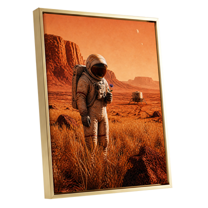 A Bloom Beyond Earth, orange, brown, beige abstract wall art shown as a gold framed canvas wall art