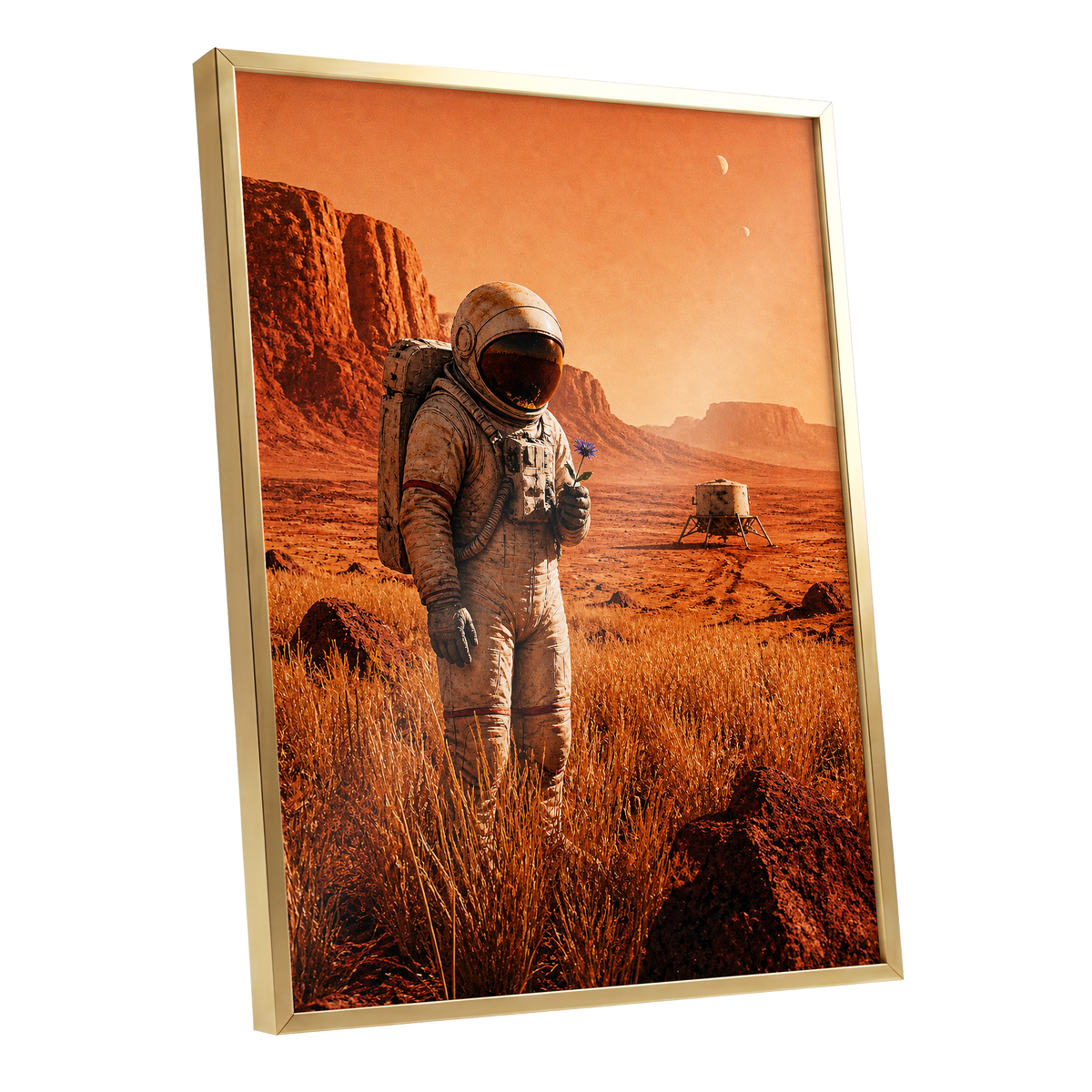 A Bloom Beyond Earth, orange, brown, beige abstract wall art shown as a gold framed poster wall art print