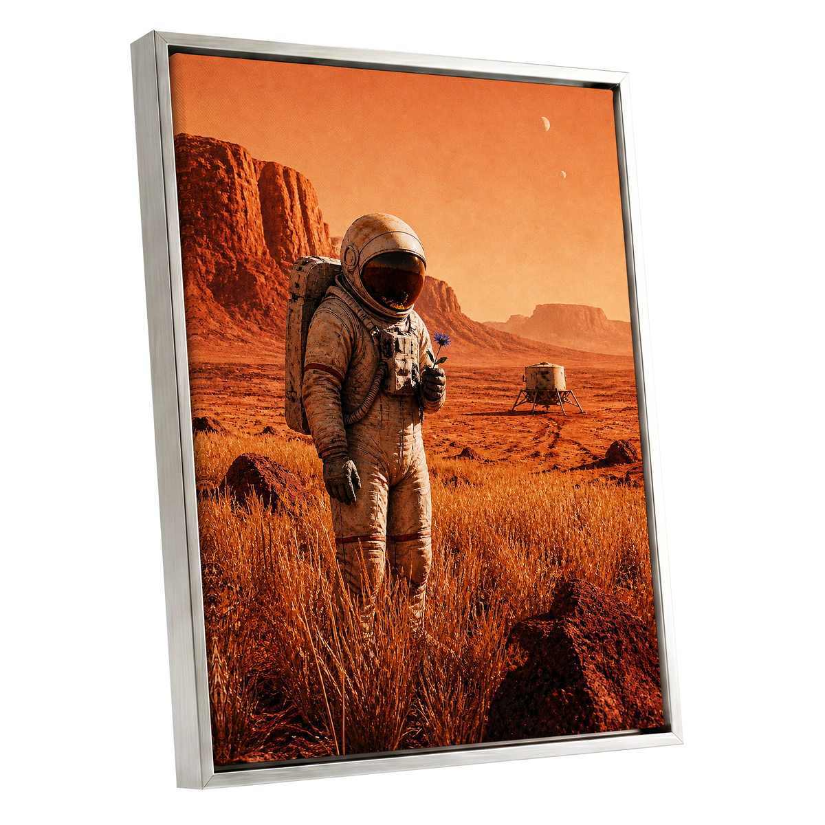 A Bloom Beyond Earth, orange, brown, beige abstract wall art shown as a silver framed canvas wall art
