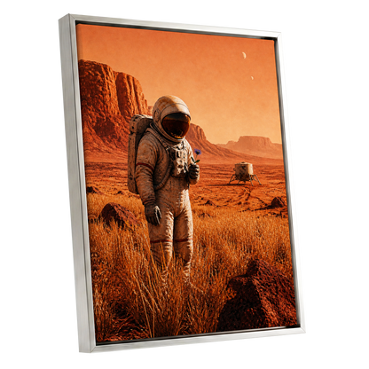 A Bloom Beyond Earth, orange, brown, beige abstract wall art shown as a silver framed canvas wall art