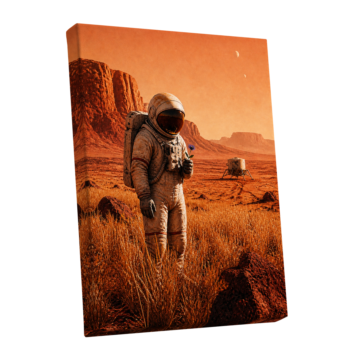 A Bloom Beyond Earth, orange, brown, beige abstract wall art shown as a stretched canvas wall art