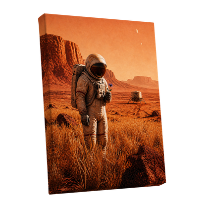 A Bloom Beyond Earth, orange, brown, beige abstract wall art shown as a stretched canvas wall art