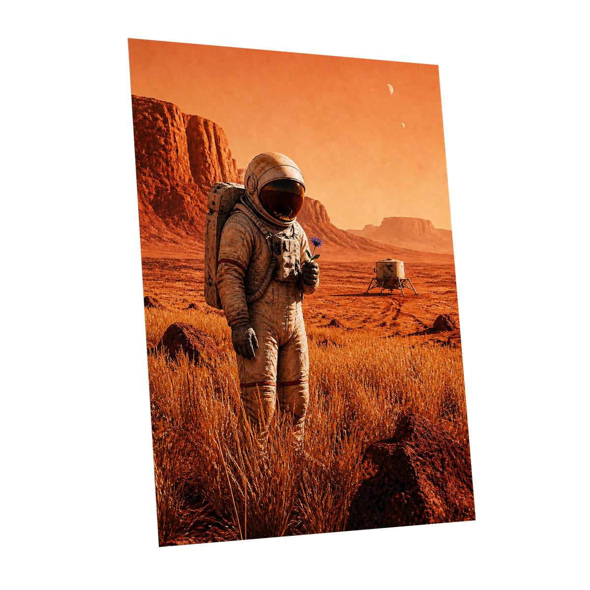 A Bloom Beyond Earth, orange, brown, beige abstract wall art shown as a unframed poster wall art print