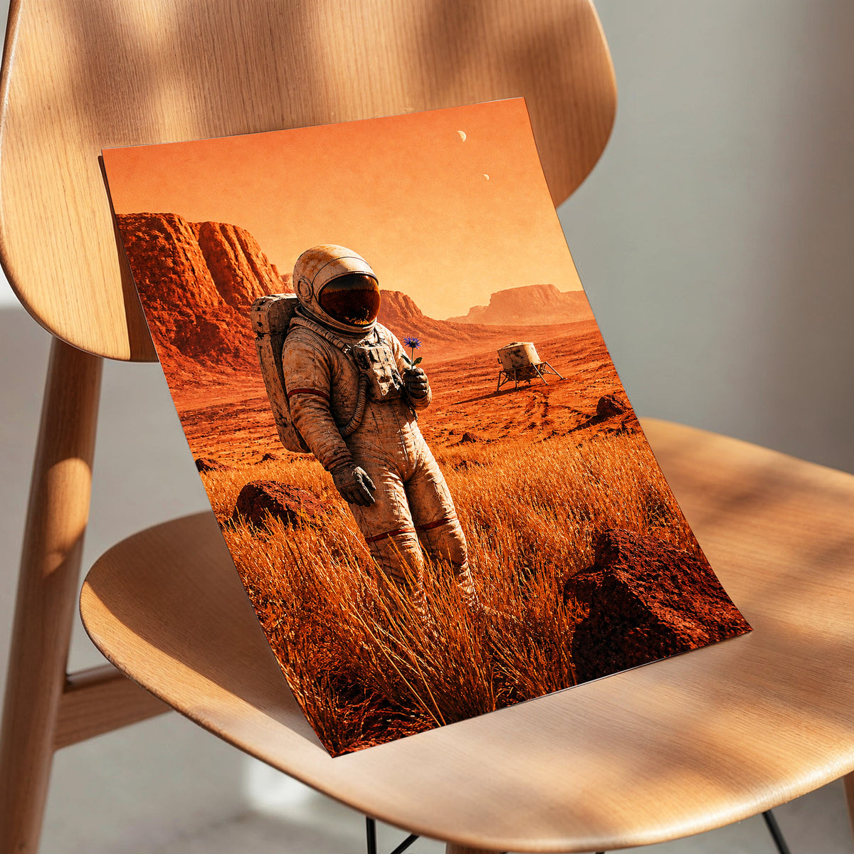 A Bloom Beyond Earth, orange, brown, beige abstract wall art displayed in a styled interior, gallery view 5