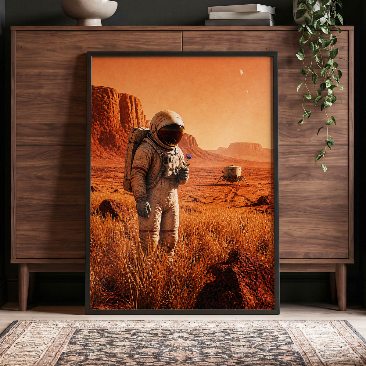 A Bloom Beyond Earth, orange, brown, beige abstract wall art displayed in a styled interior, gallery view 6