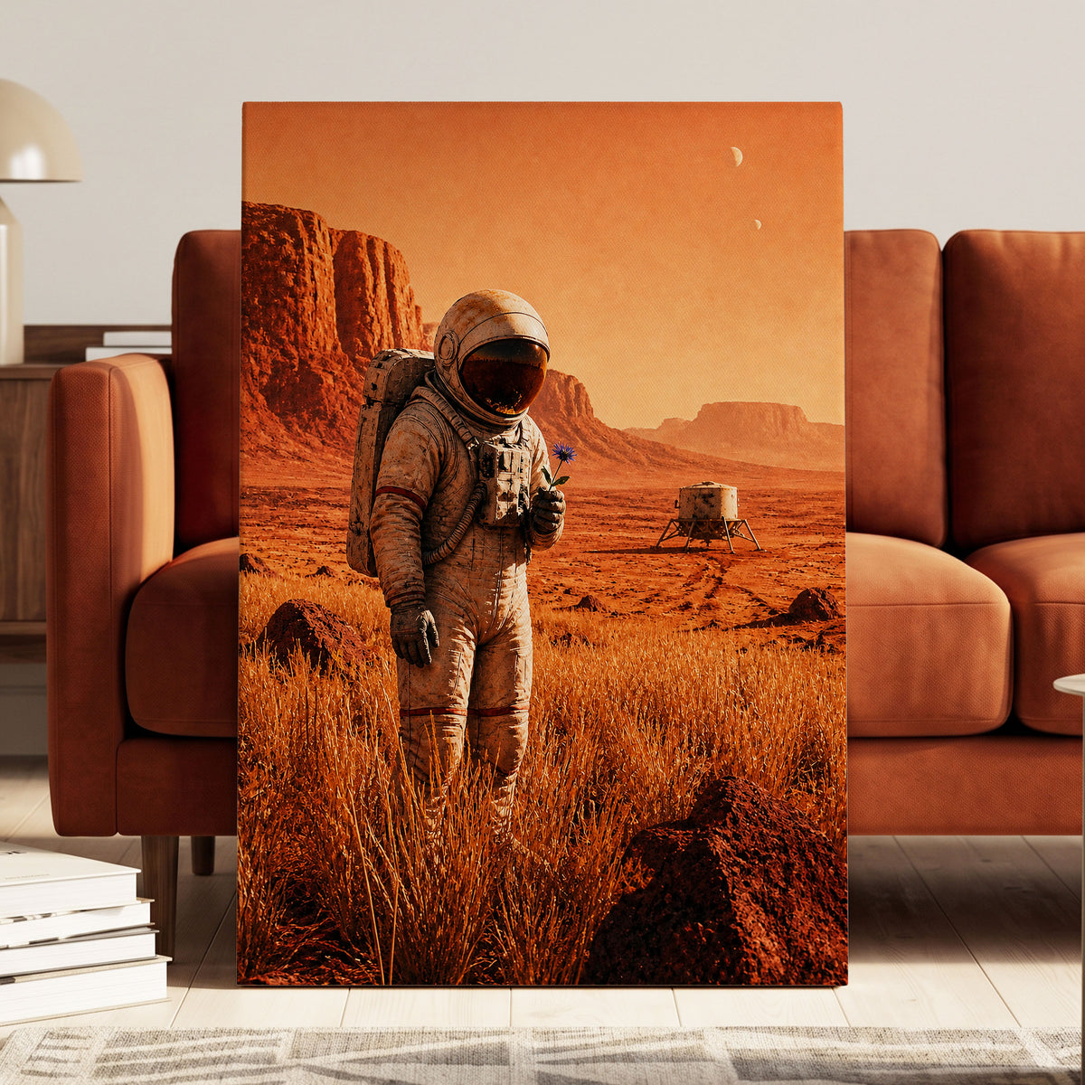 A Bloom Beyond Earth, orange, brown, beige abstract wall art displayed in a styled interior, gallery view 7