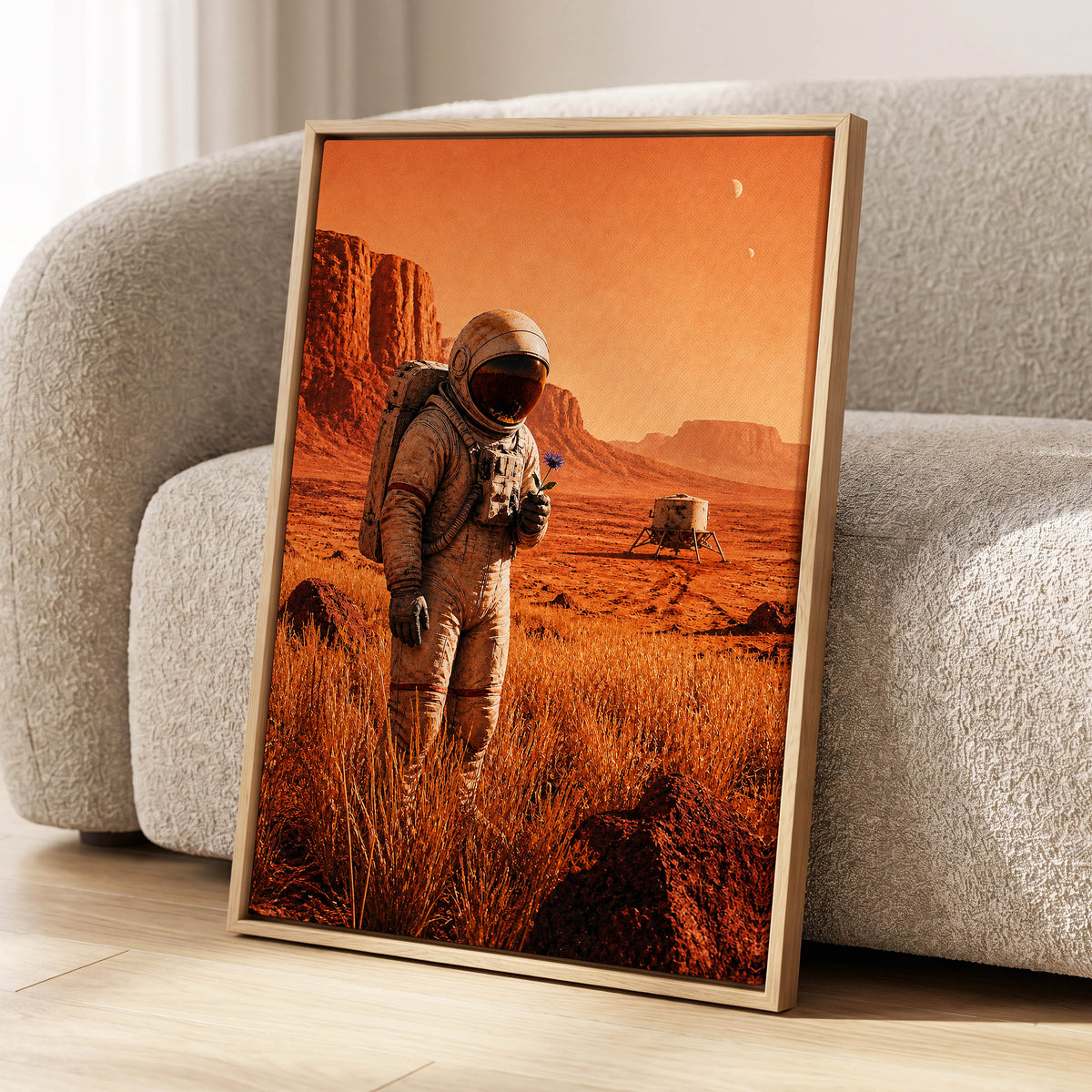 A Bloom Beyond Earth, orange, brown, beige abstract wall art displayed in a styled interior, gallery view 8