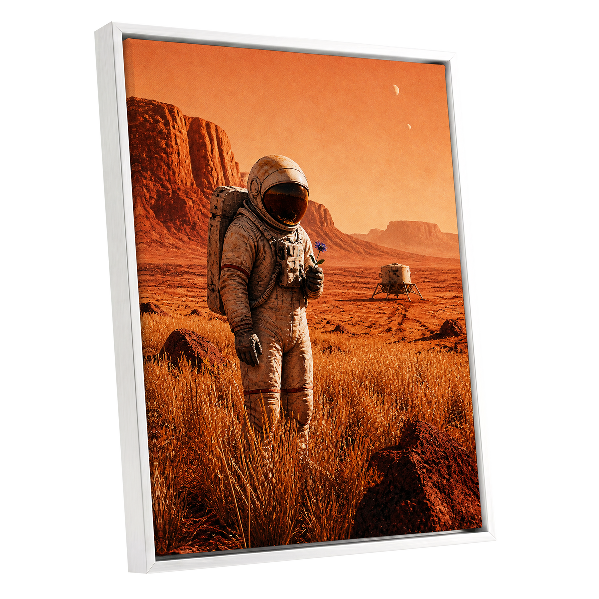 A Bloom Beyond Earth, orange, brown, beige abstract wall art shown as a white framed canvas wall art