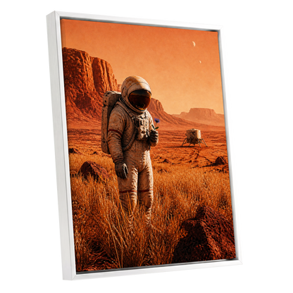 A Bloom Beyond Earth, orange, brown, beige abstract wall art shown as a white framed canvas wall art