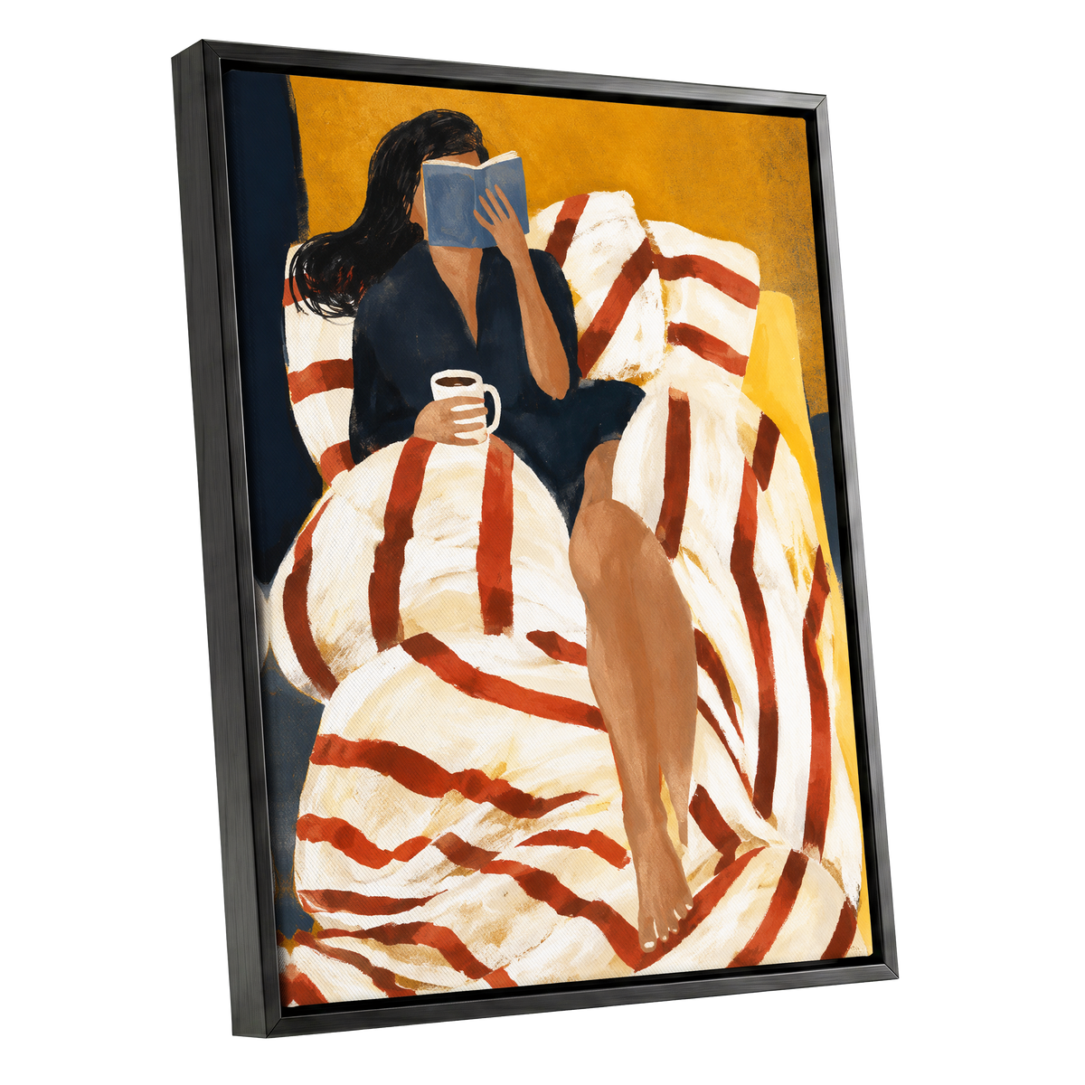 A Chapter in Ochre, yellow, beige, red abstract wall art shown as a black framed canvas wall art