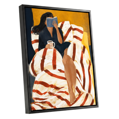 A Chapter in Ochre, yellow, beige, red abstract wall art shown as a black framed canvas wall art