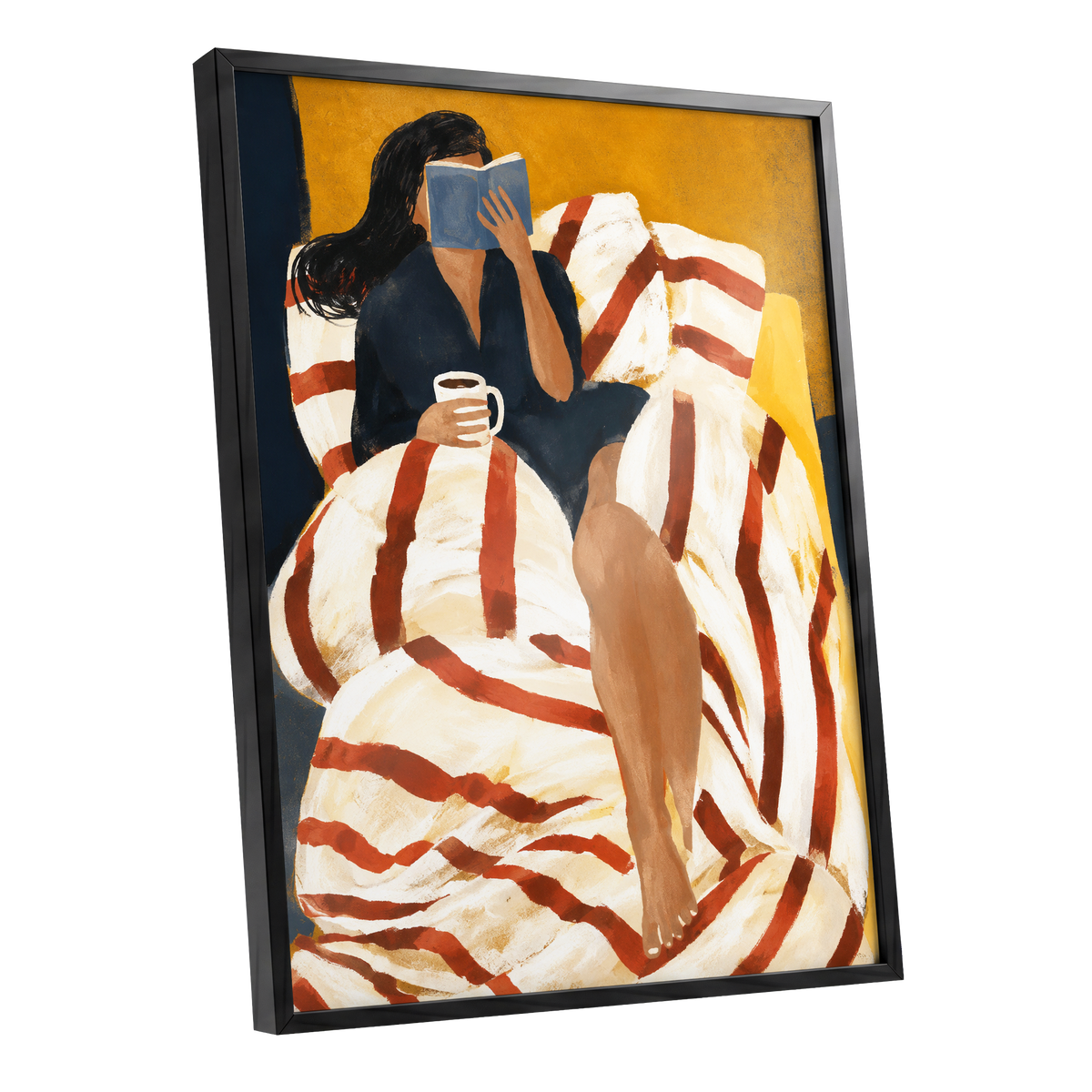 A Chapter in Ochre, yellow, beige, red abstract wall art shown as a black framed poster wall art print