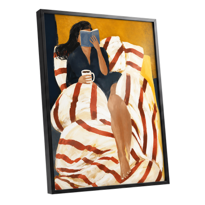 A Chapter in Ochre, yellow, beige, red abstract wall art shown as a black framed poster wall art print
