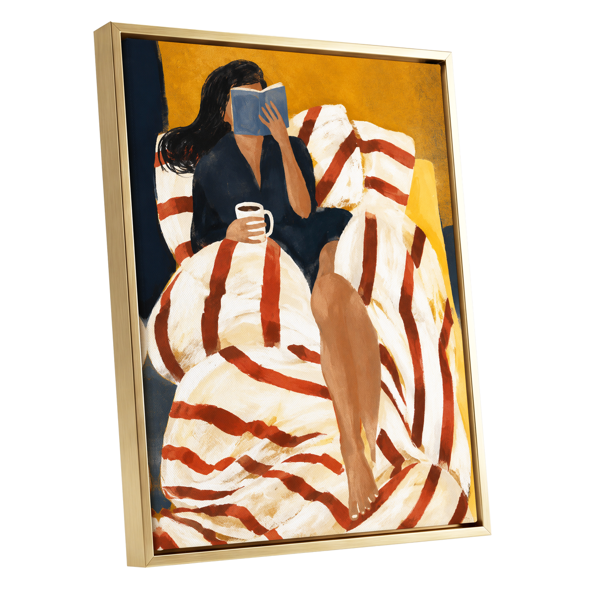 A Chapter in Ochre, yellow, beige, red abstract wall art shown as a gold framed canvas wall art