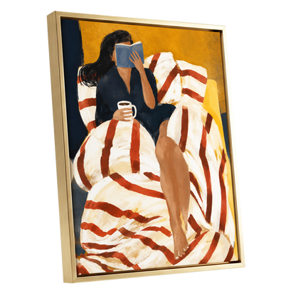 A Chapter in Ochre, yellow, beige, red abstract wall art shown as a gold framed canvas wall art
