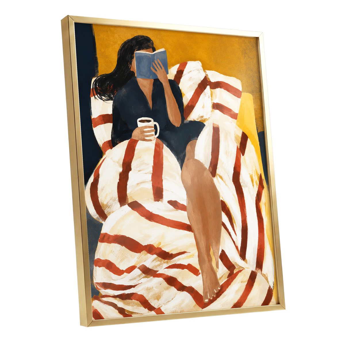 A Chapter in Ochre, yellow, beige, red abstract wall art shown as a gold framed poster wall art print