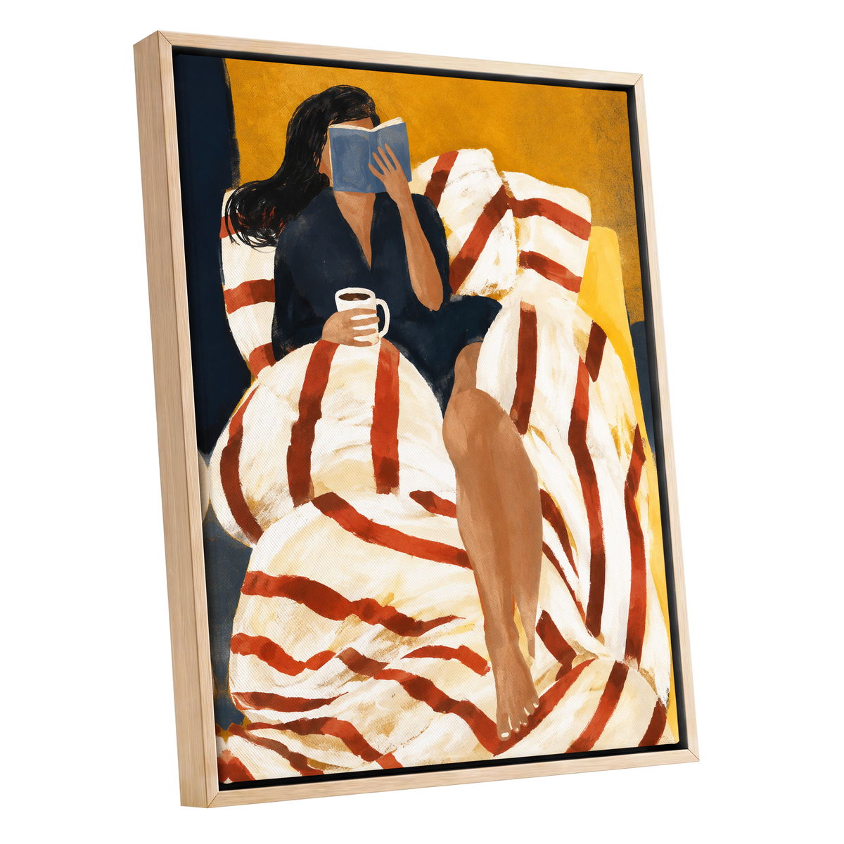 A Chapter in Ochre, yellow, beige, red abstract wall art shown as a oak framed canvas wall art